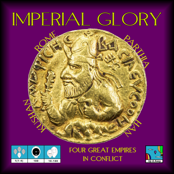 Imperial Glory purple box cover showing a the coin of a Kushan emperor